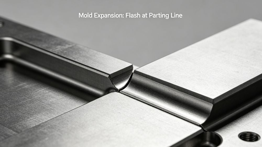 Mold expansion and flashing at parting line caused by excessive injection pressure in multi-point gate molds.