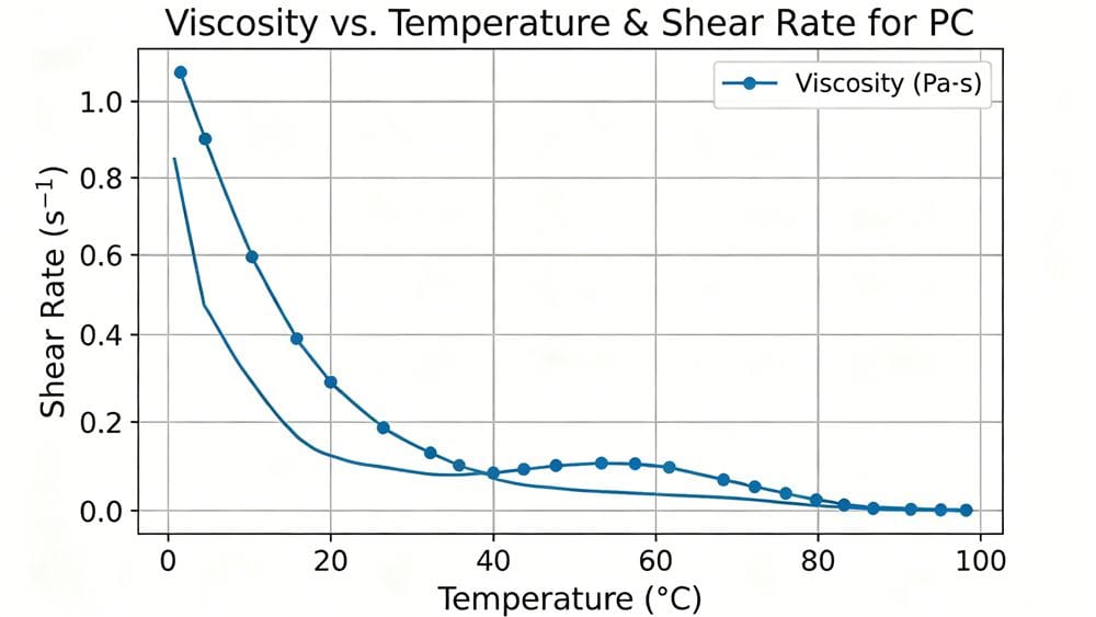 Polymer viscosity vs shear rate graph.