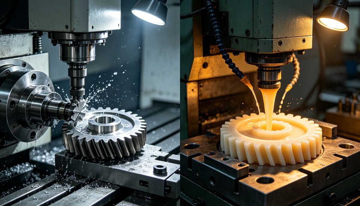 Comparison between traditional gear machining and modern injection molding process for plastic gears.