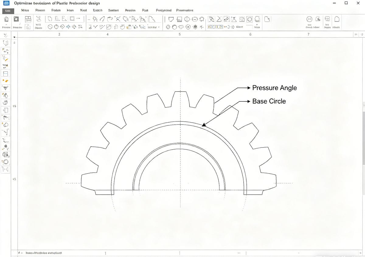 Custom gear tooth profile design in CAD software for injection molding, showing optimized pressure angle and base circle.