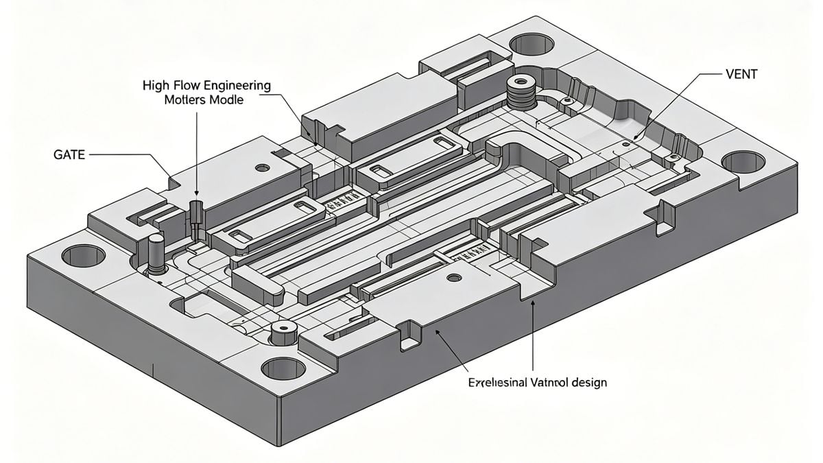 Mold design schematic for high-flow engineering plastics.