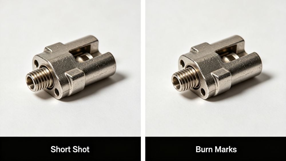 Injection molding defects caused by poor venting: short shot (incomplete filling) and burn marks on plastic parts.