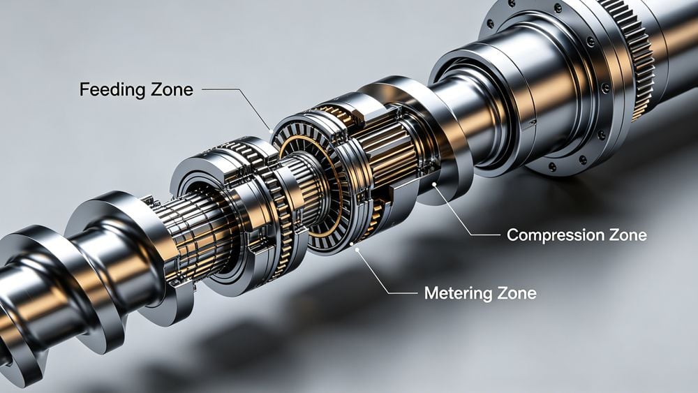 Technical diagram of an injection molding screw for polycarbonate.