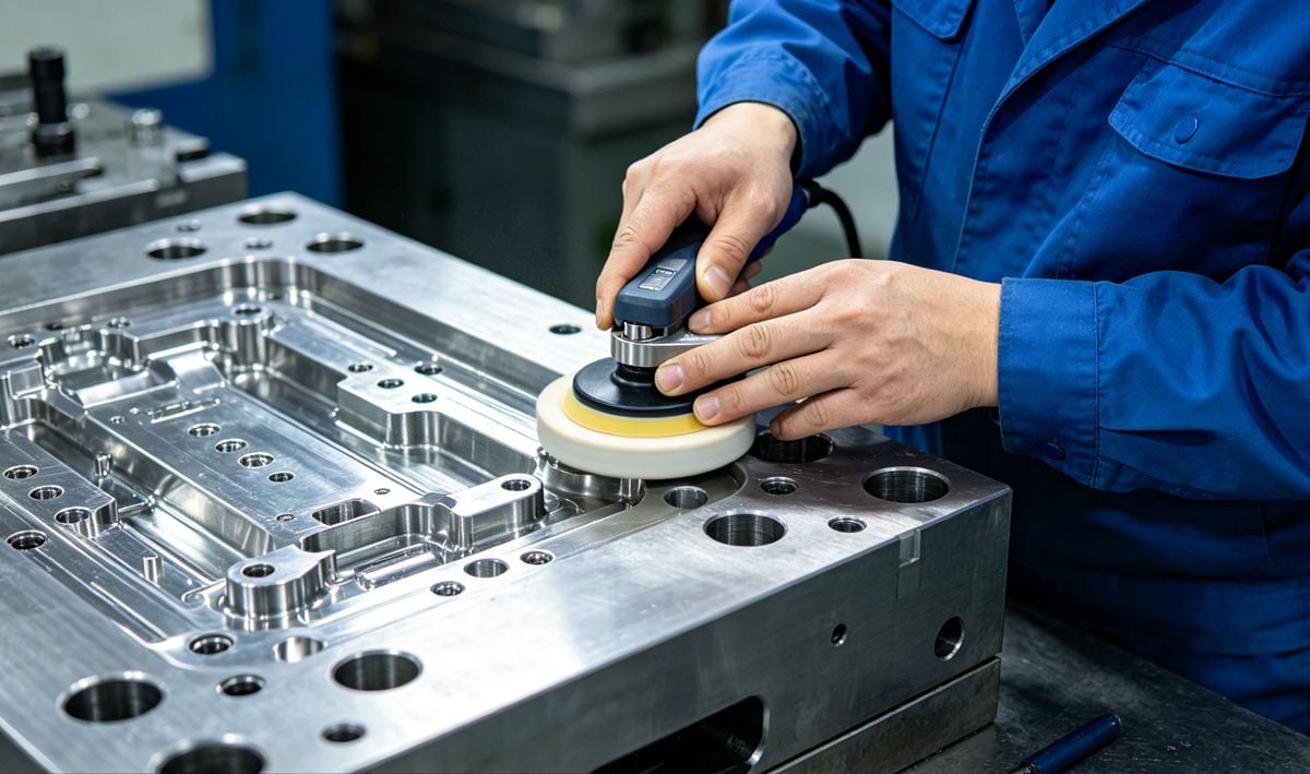 Polishing injection mold cavity to improve surface finish.