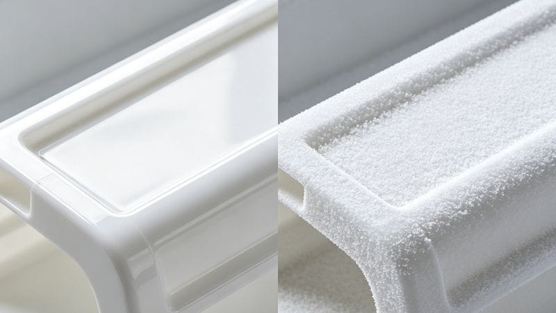 Comparison of plastic part surface quality showing pigment blooming.