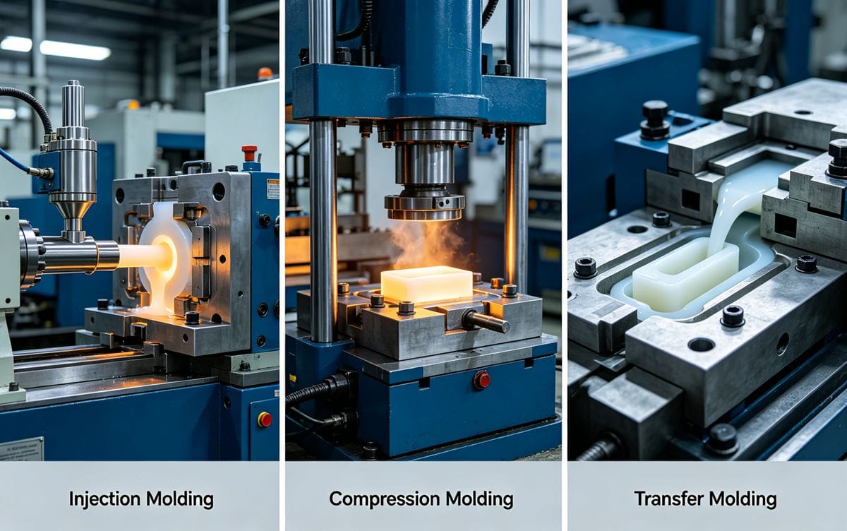 A three-panel schematic comparing the basic mechanisms of injection, compression, and transfer molding