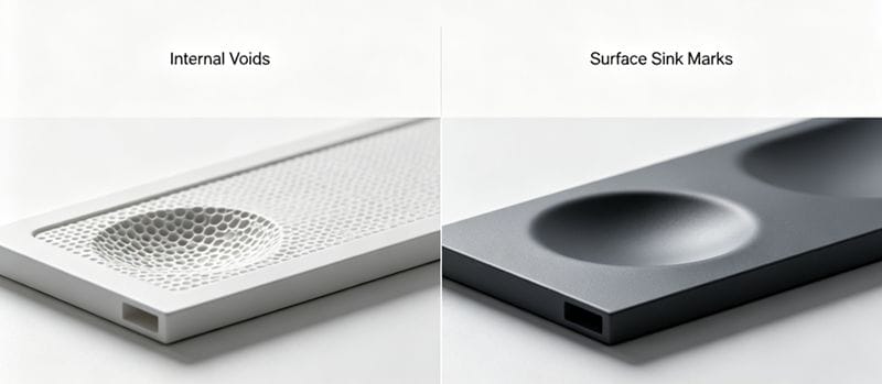 Comparison chart showing internal voids vs surface sink marks in thick plastic parts
