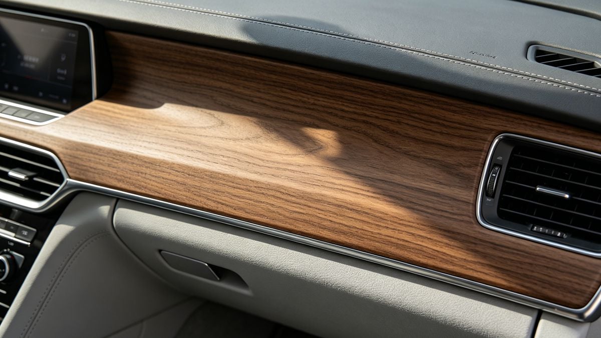 A detailed view of a car interior with wood grain trim created by In-Mold Decoration