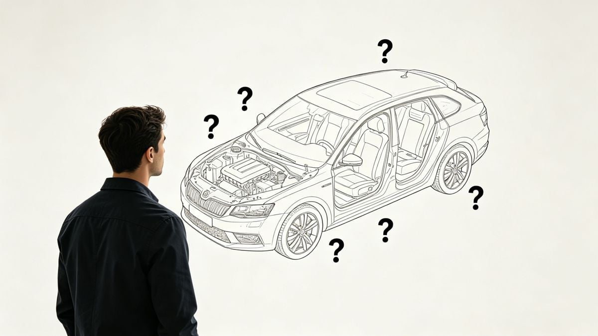 A person looking at a diagram of a car's plastic components with question marks