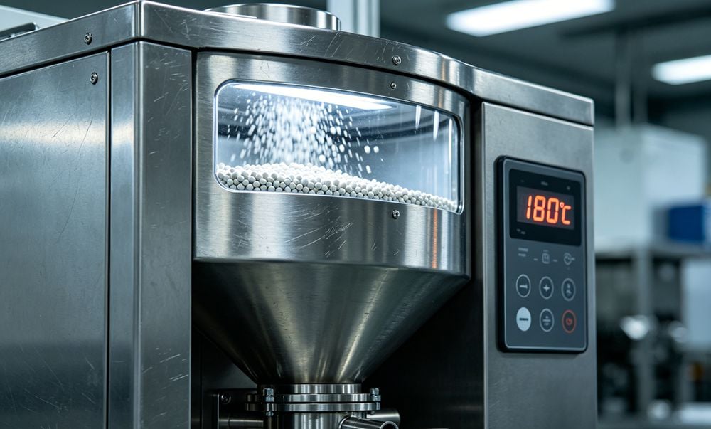 Industrial hopper dryer used for ABS plastic drying.