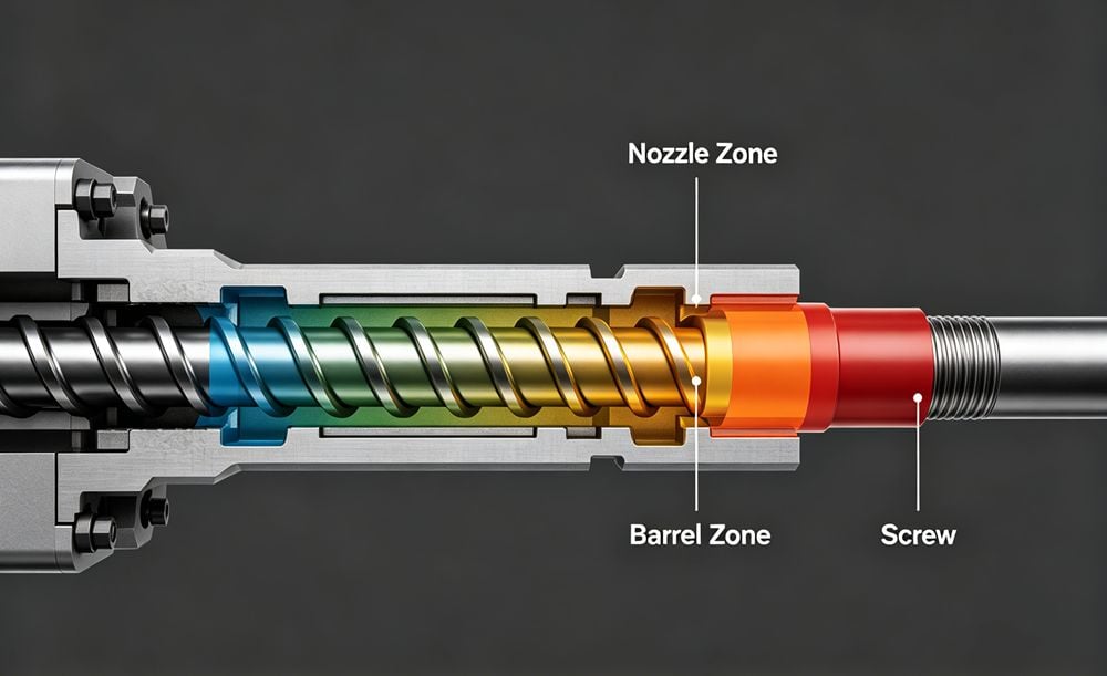 Injection molding barrel temperature zones for ABS.