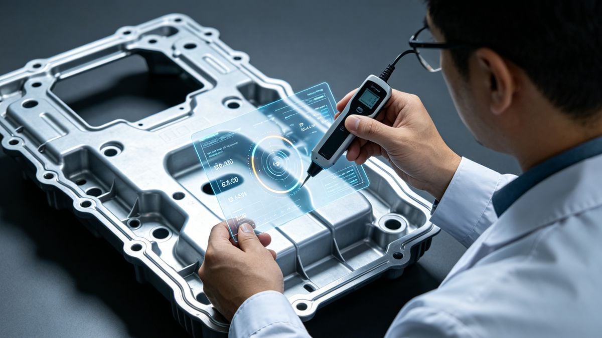 An engineer inspecting a plastic automotive component with data overlays