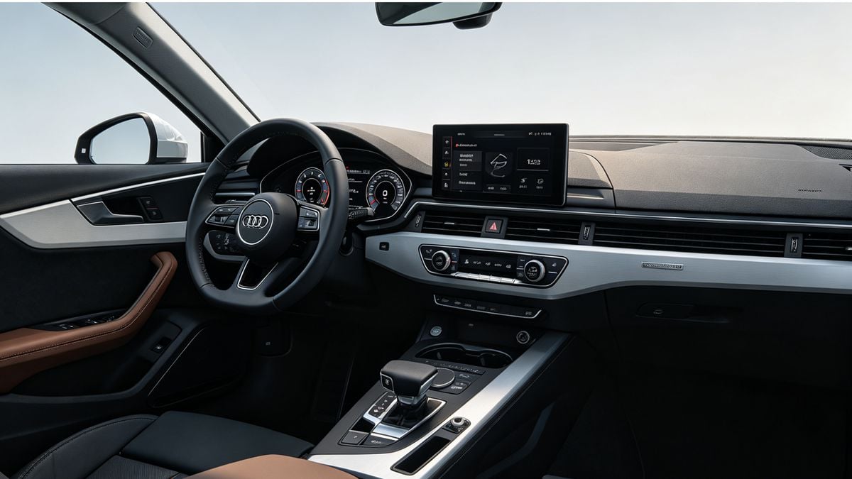 A modern car interior showing the dashboard, door panels, and center console