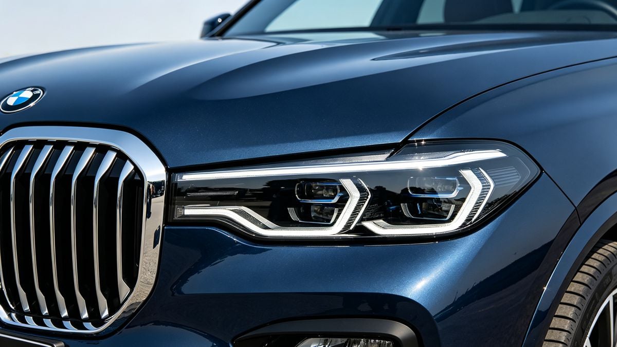 A close-up of a car's glossy front grille and sleek headlights