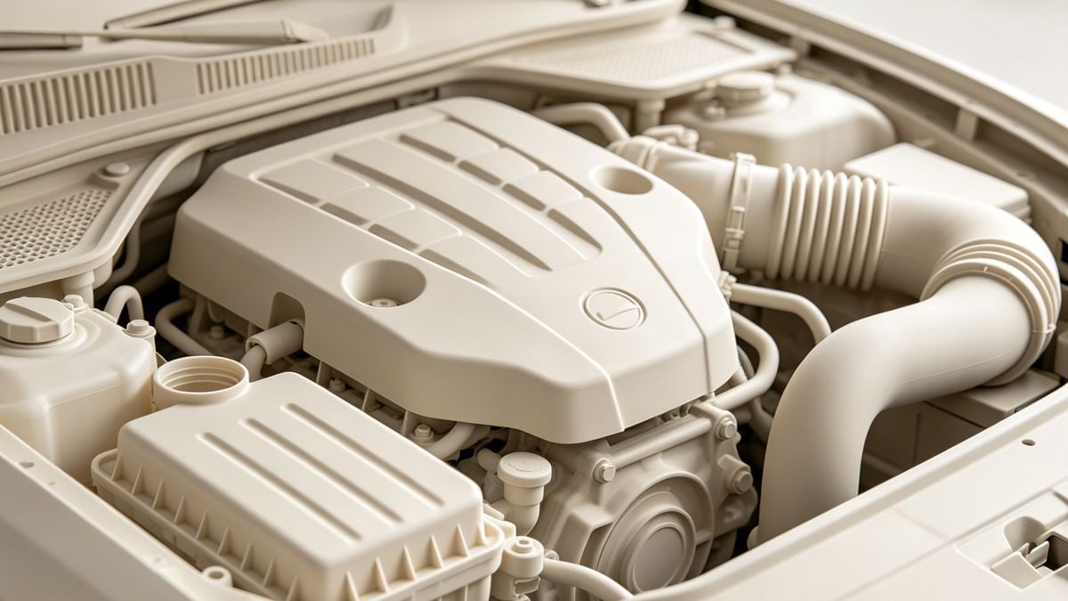 A car engine bay showing various plastic components like the engine cover and intake manifold