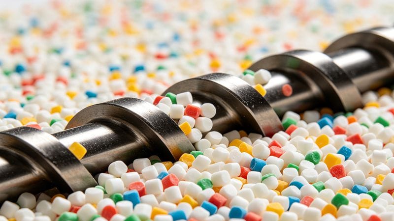 High shear dispersion of pigments in polymer masterbatch.