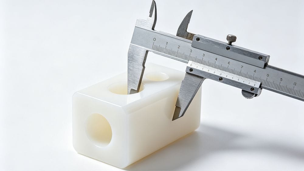 A caliper measuring a finished LSR part to check its dimensions