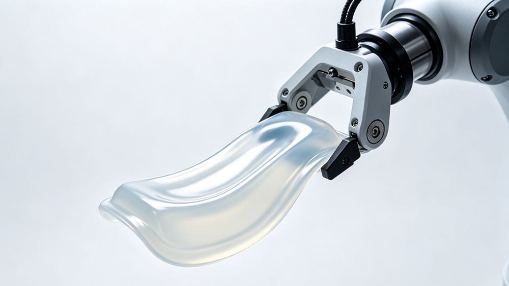 A robotic arm carefully removing a flexible LSR part from a mold
