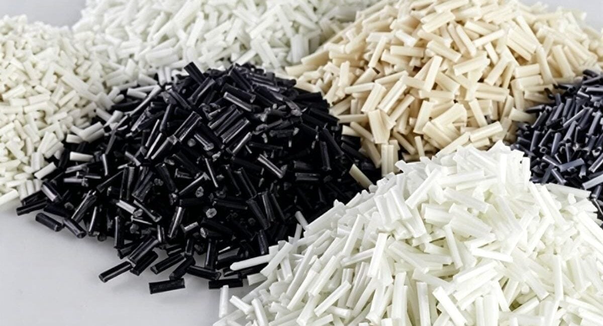 A close-up view of Long Fiber Thermoplastic pellets showing the visible long fibers inside