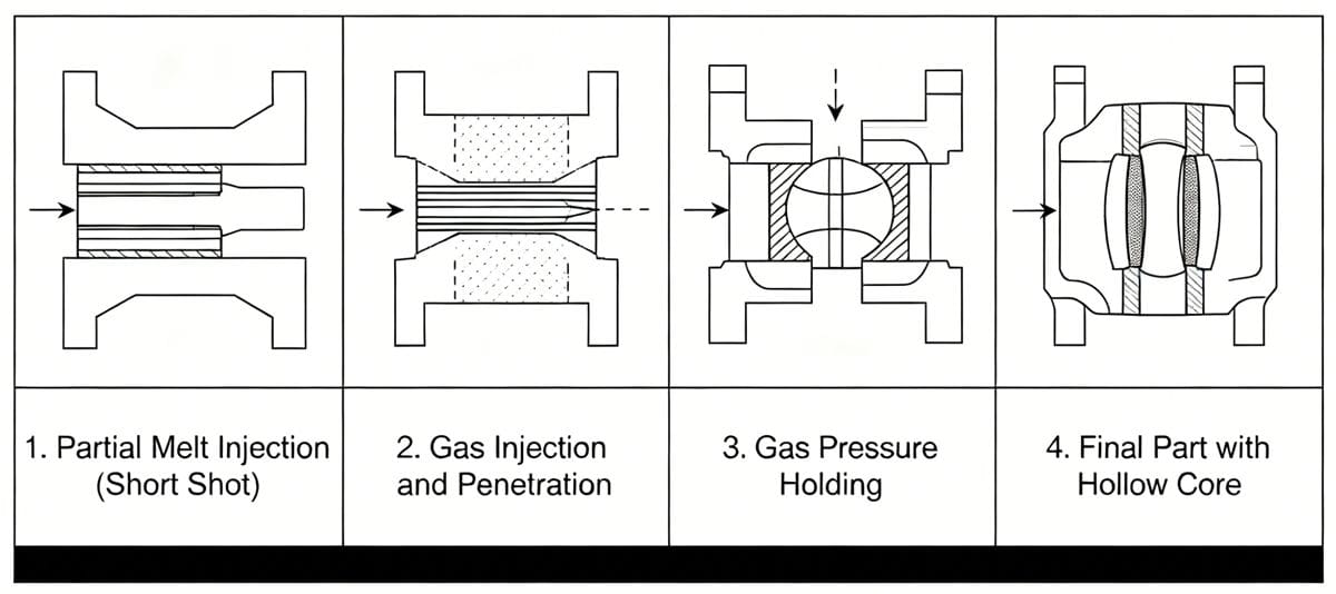 Diagram illustrating the gas assisted injection molding (GAIM) process steps