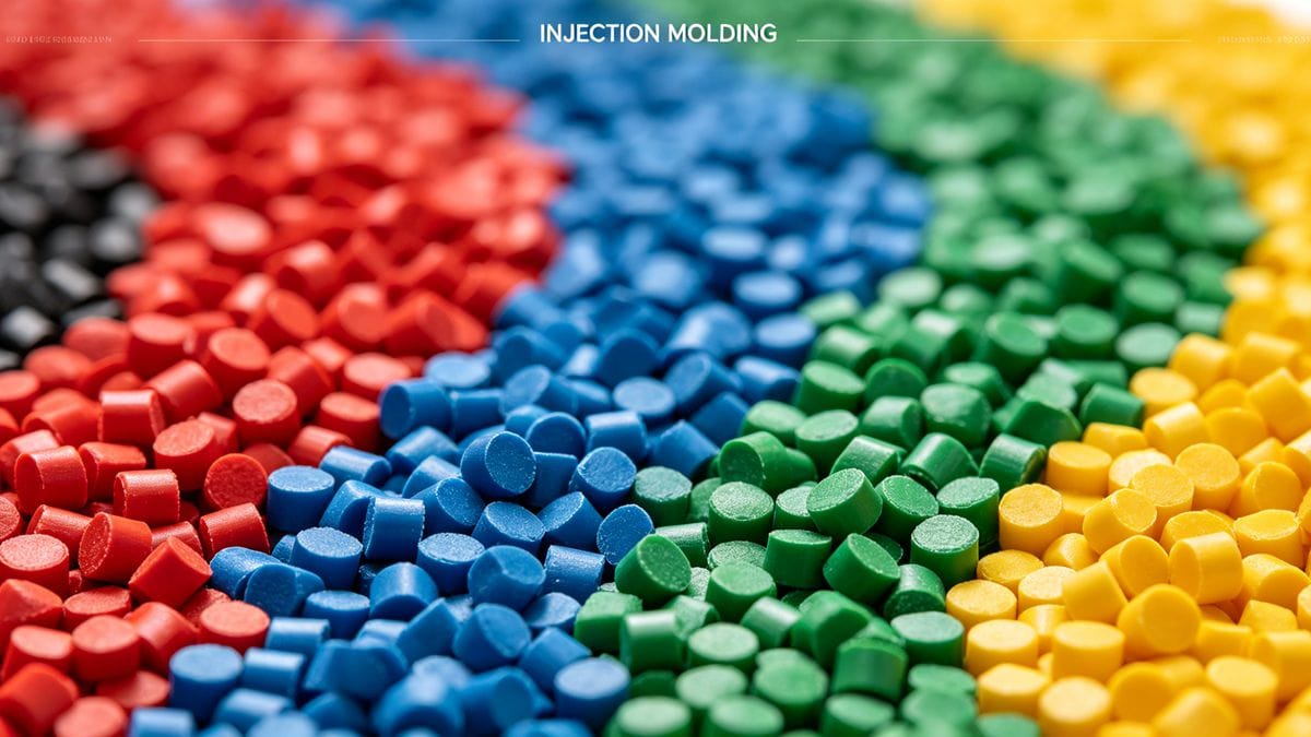  A close-up, high-quality photo of an injection molding machine or a variety of colorful plastic pellets.
