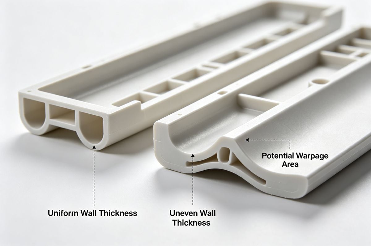 Uniform wall thickness design to reduce injection molding strain and warpage.