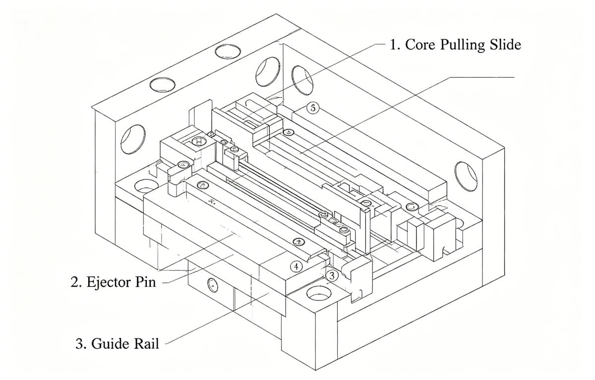 Diagram of a sliding top rod mechanism for internal core pulling in injection molds