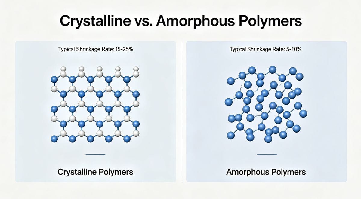 Difference in shrinkage and warpage between crystalline and amorphous plastics.