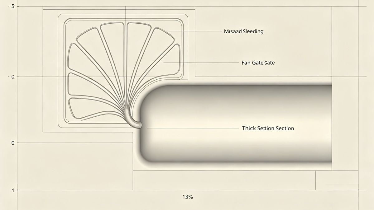 Injection mold fan gate design for better packing.