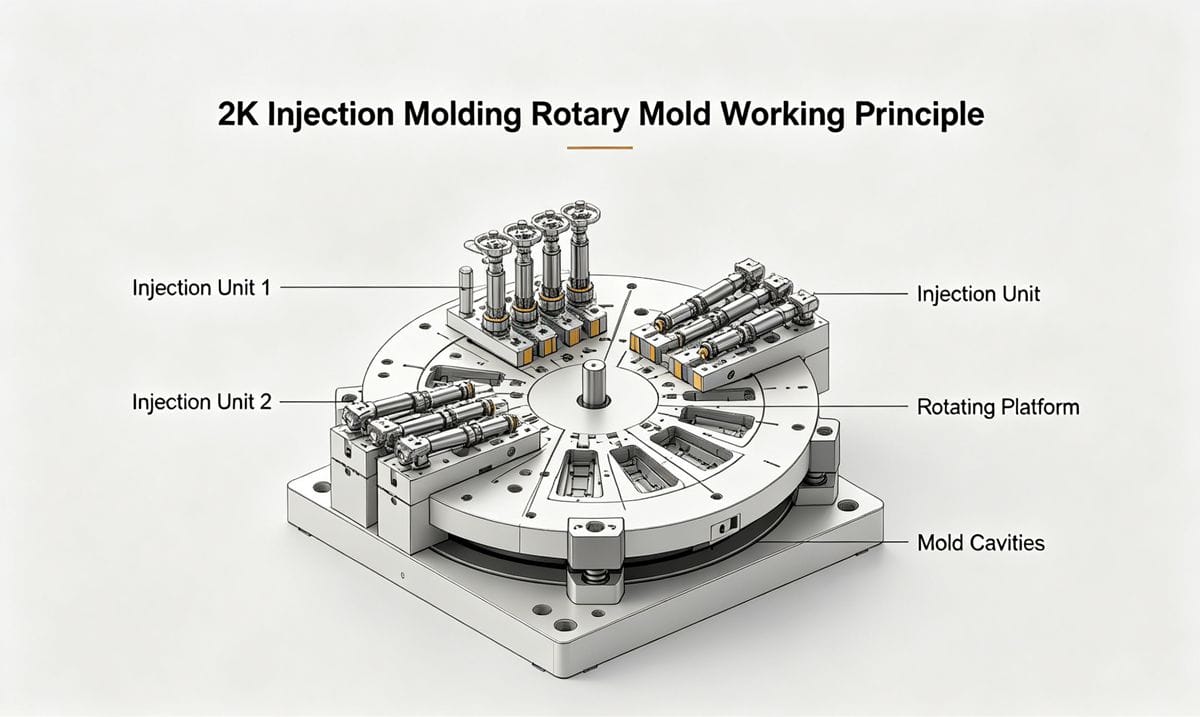 2K injection molding rotary mold working principle diagram