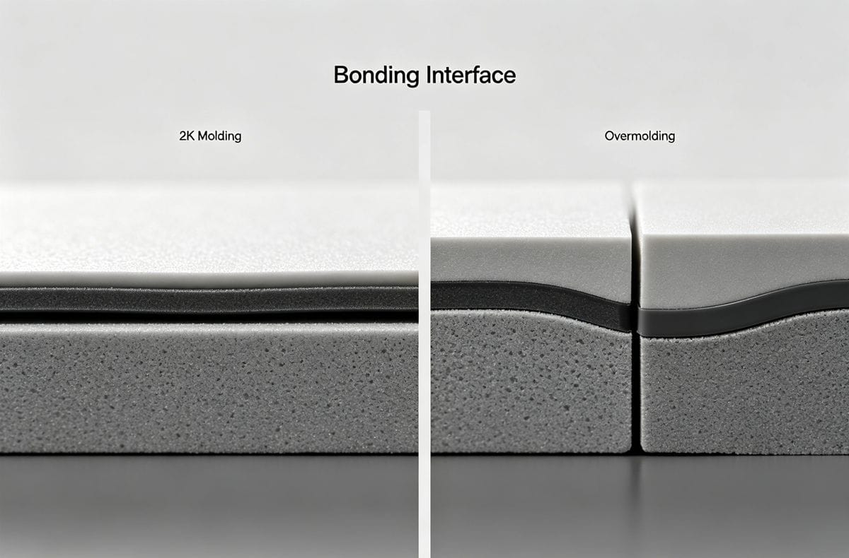 Microscopic view of bonding interfaces in 2K molding vs overmolding
