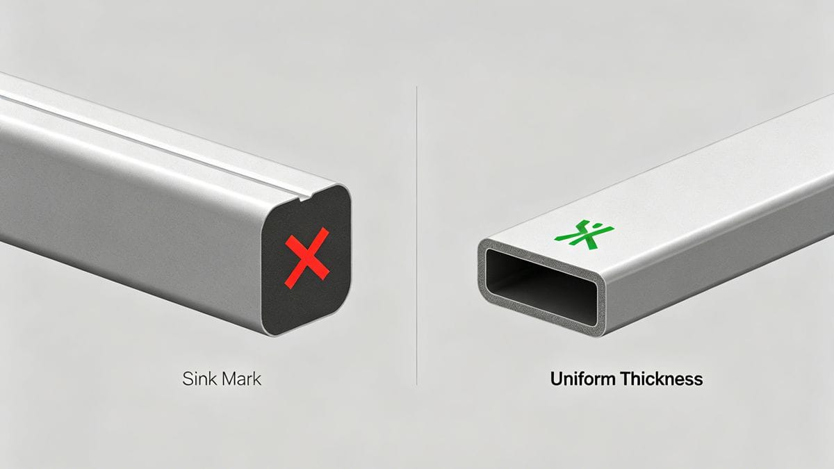 Injection molding design guide showing correct vs incorrect rib thickness to avoid sink marks