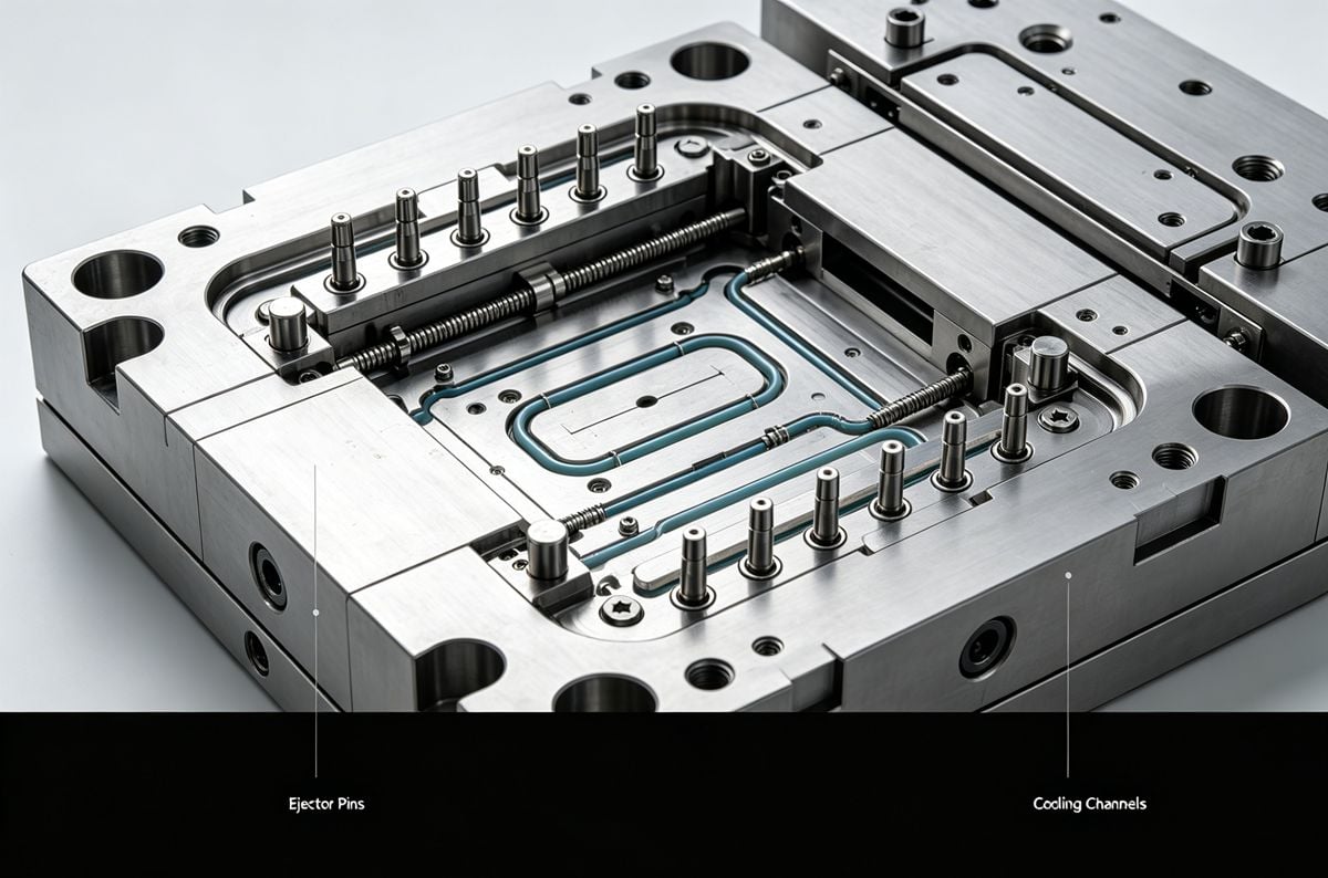 Internal view of injection mold showing ejector pin system and cooling lines