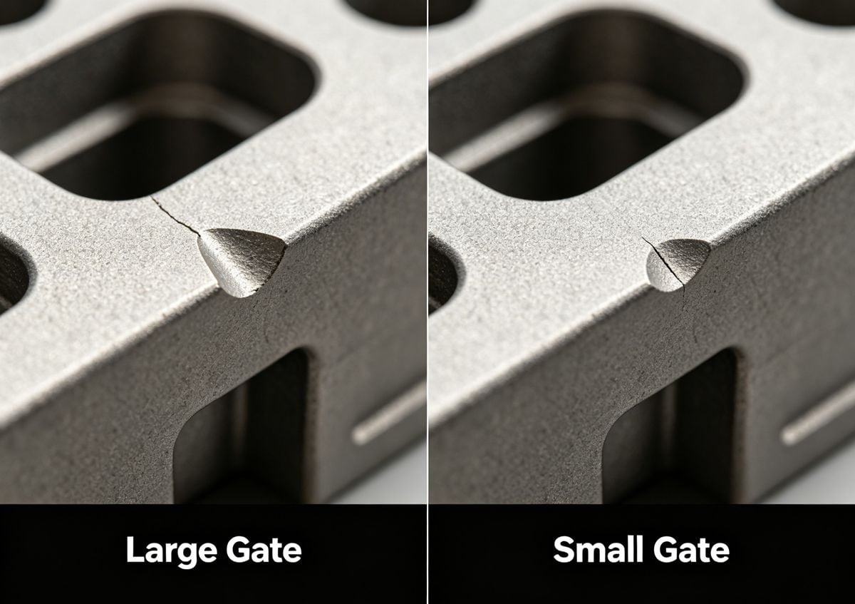 Comparison of large gate vestige vs small gate vestige on plastic parts.