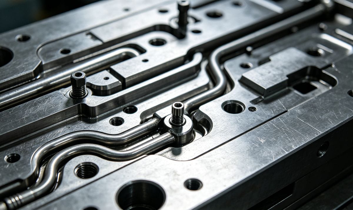 Injection molding runner system with small gate highlighted.