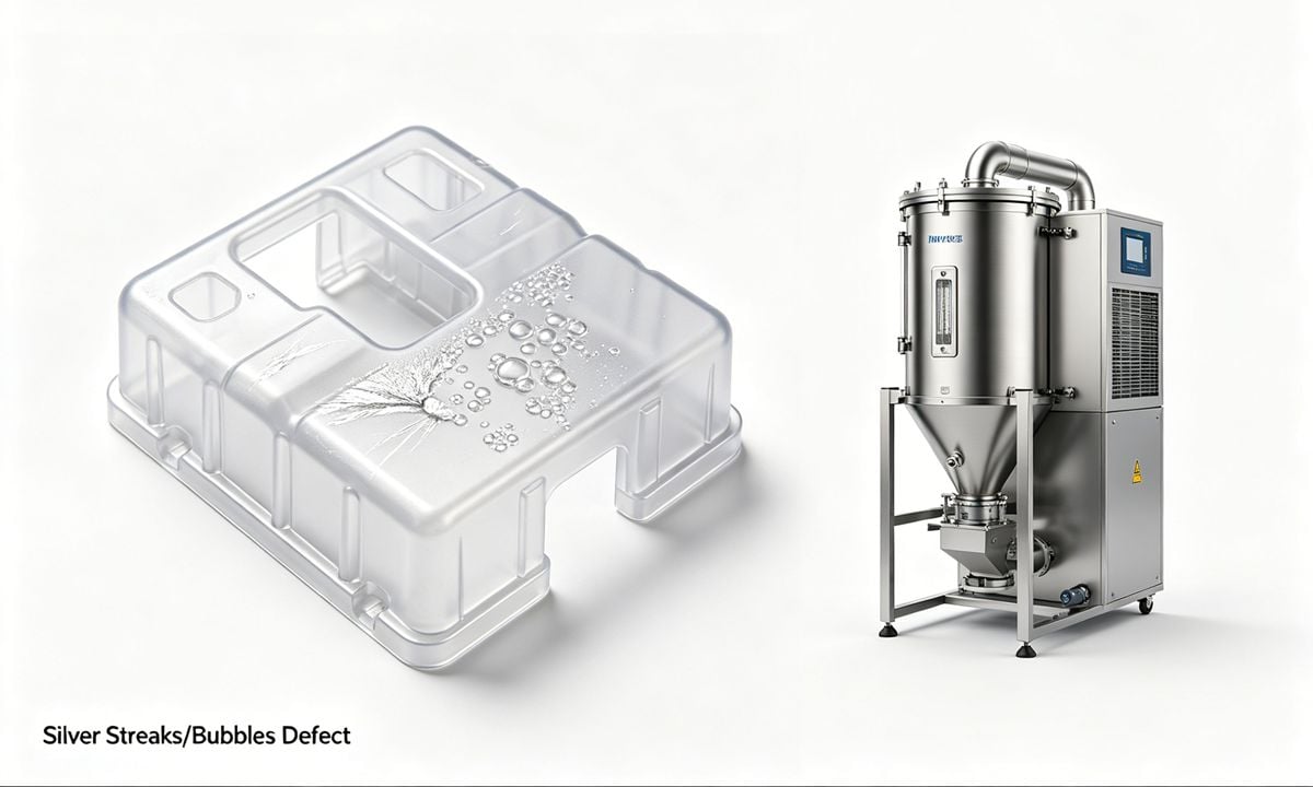 Silver streaks defect caused by moisture in injection molding.