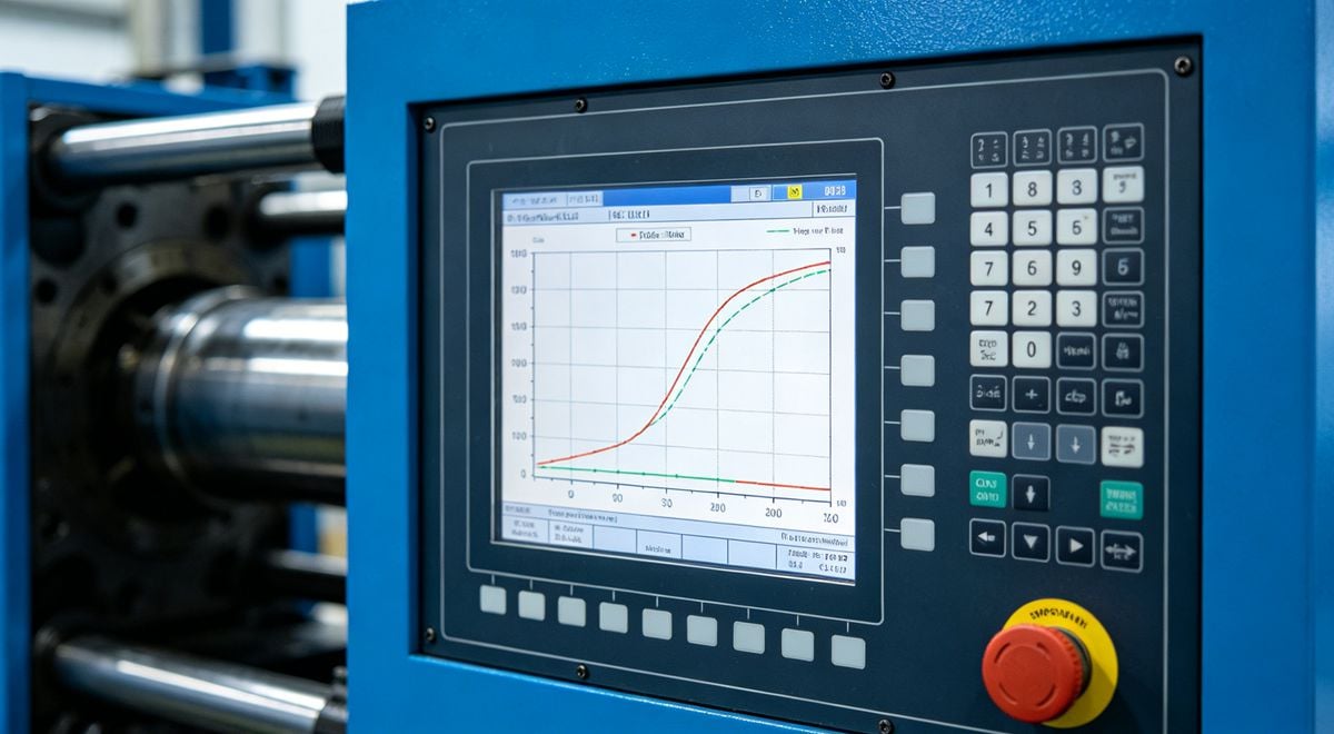 Injection molding machine barrel temperature control panel and melting range.