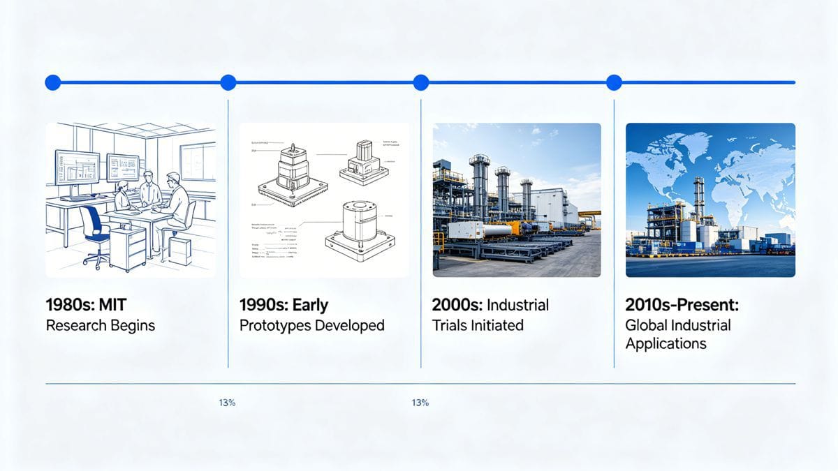 Infographic timeline of microcellular injection molding technology evolution, from MIT research in the 1980s to modern global industrial applications.