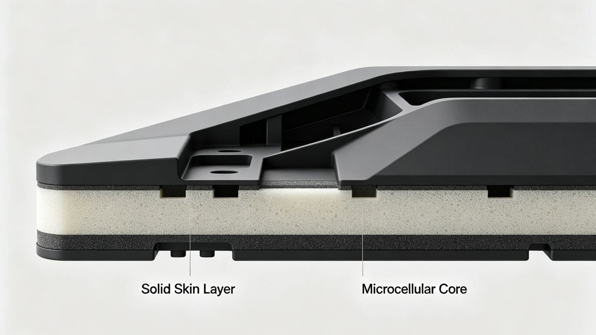 Side-by-side comparison of traditional vs. microcellular injection molded parts, demonstrating reduced warpage, sink marks, and improved flatness with microcellular technology.