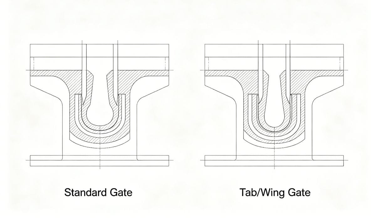 Mold design comparison showing tab gate application to prevent sink marks.