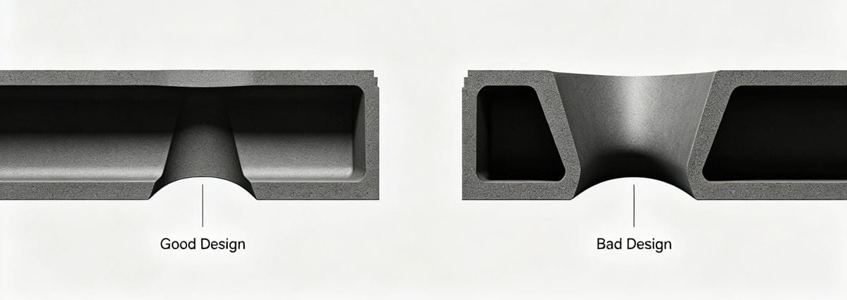 Plastic part design guidelines showing uniform wall thickness to avoid sink marks.