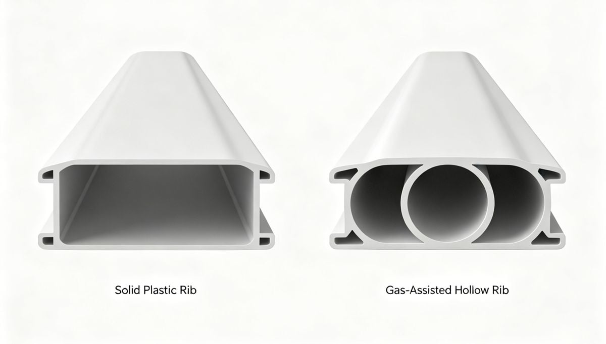 Cross-section comparison of traditional solid plastic vs. gas-assisted injection molding hollow rib.