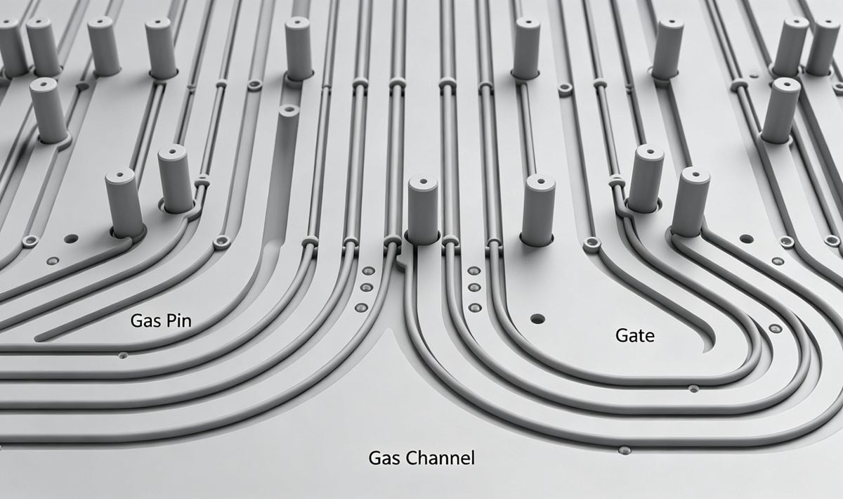 Mold layout schematic showing gas pin placement and gas channel routing in gas-assisted injection molding.