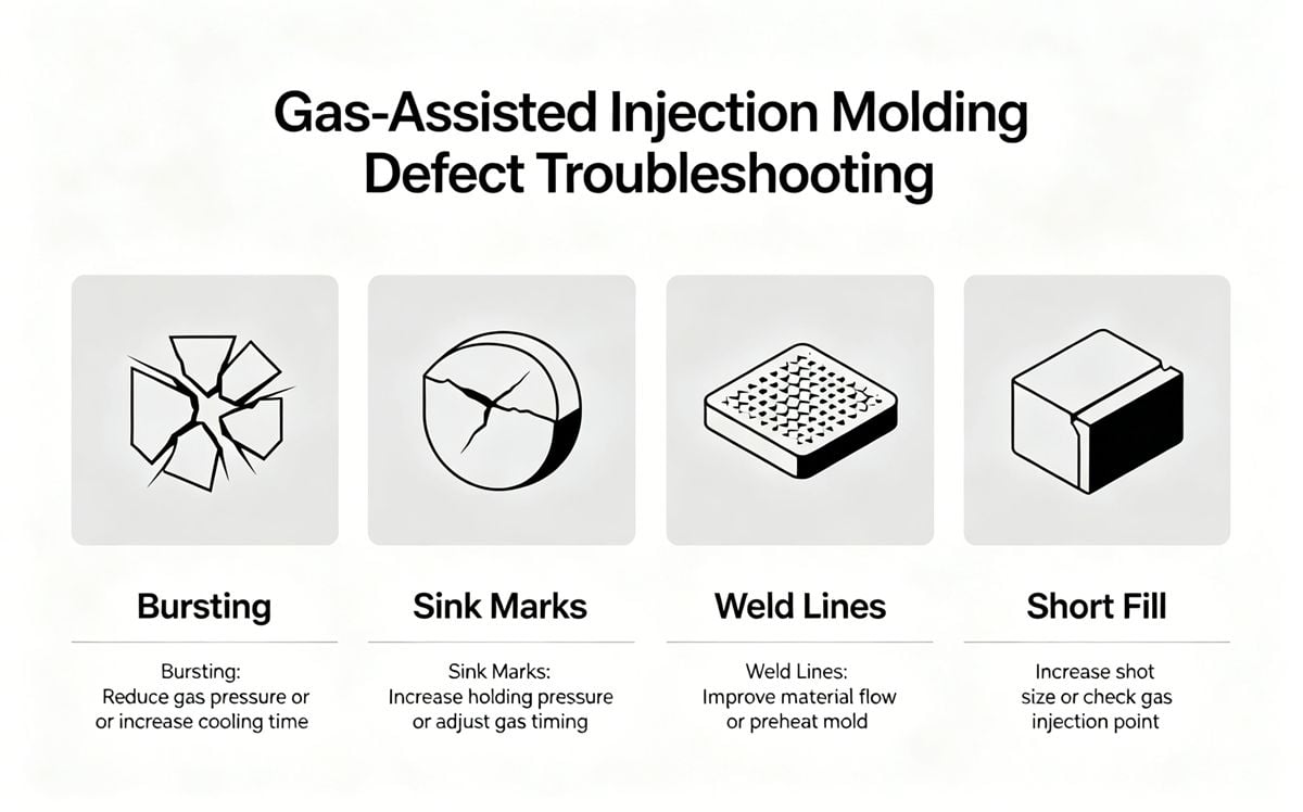 Troubleshooting infographic for common gas-assisted injection molding defects like fingering and sink marks.