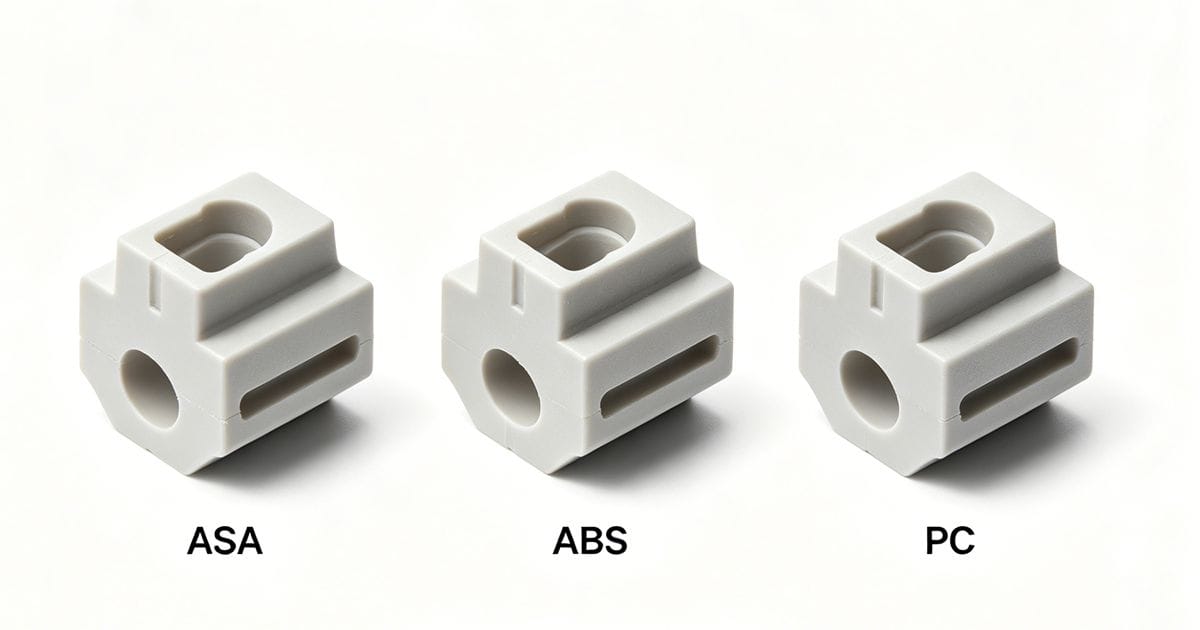 Material Selection for Injection Molding A side-by-side comparison of parts made from ASA, ABS, and PC