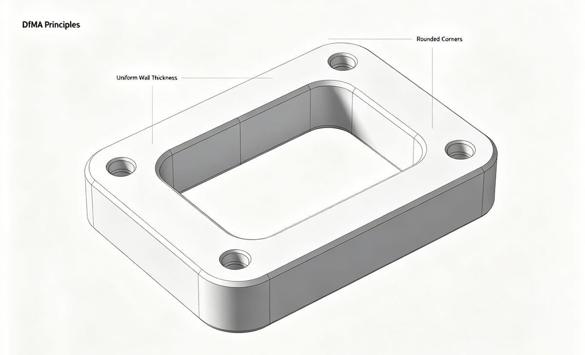 Design for Manufacturability for ASA A CAD drawing showing DfMA principles like uniform wall thickness and rounded corners