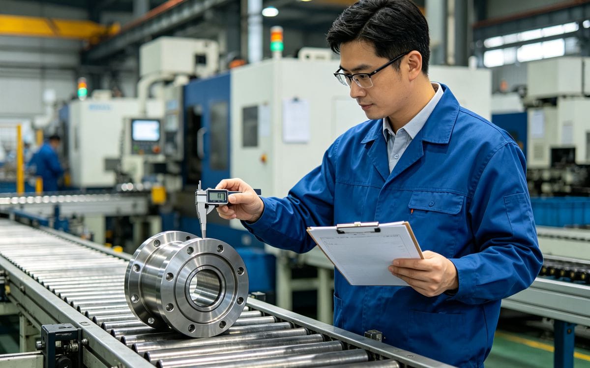 Lifecycle Quality Assurance A quality engineer inspecting a part on the production line with checklists and calipers