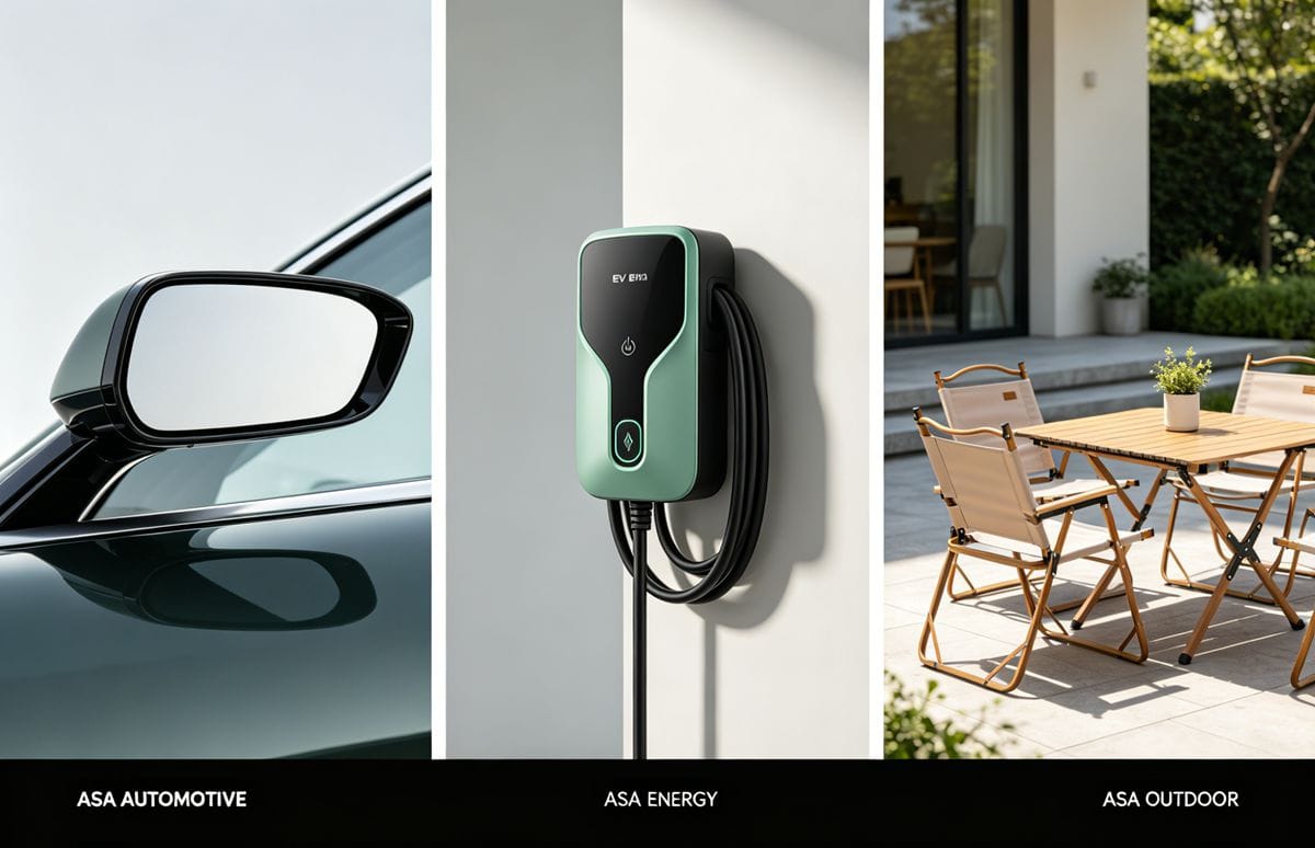 ASA Application Case Studies A collage of real-world ASA products: a car mirror, an EV charger, and patio furniture