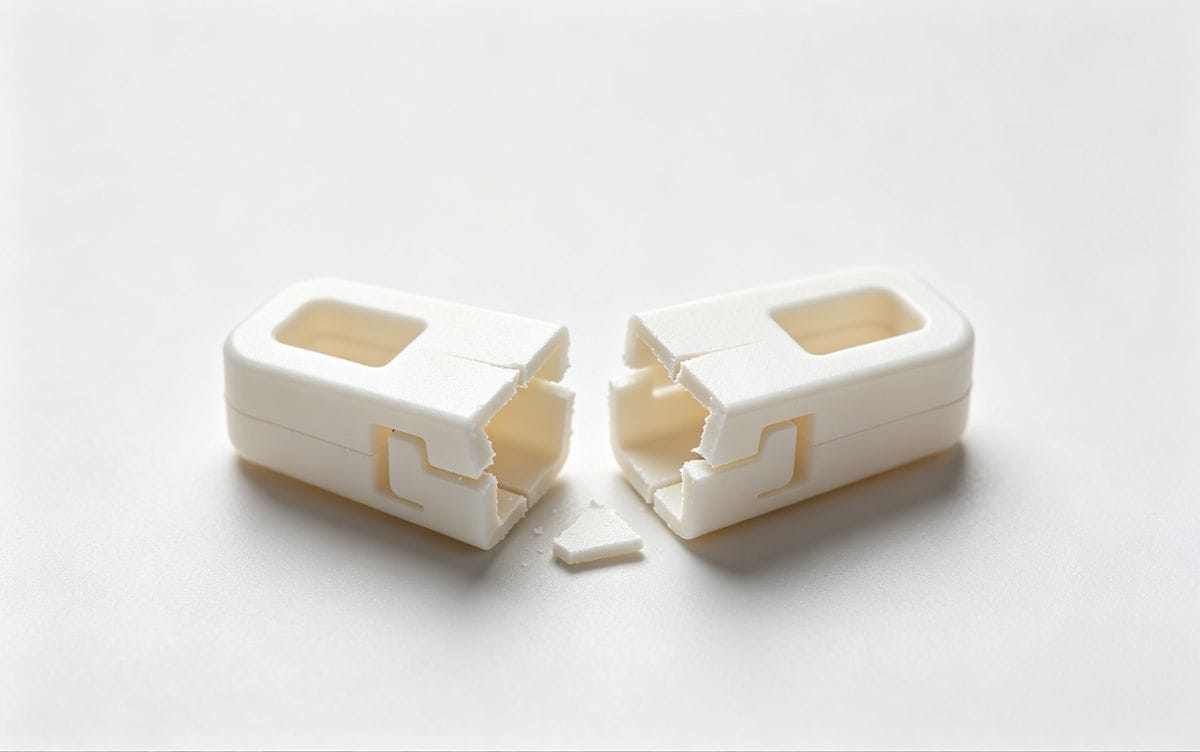 Example of brittle fracture in an injection molded plastic part.