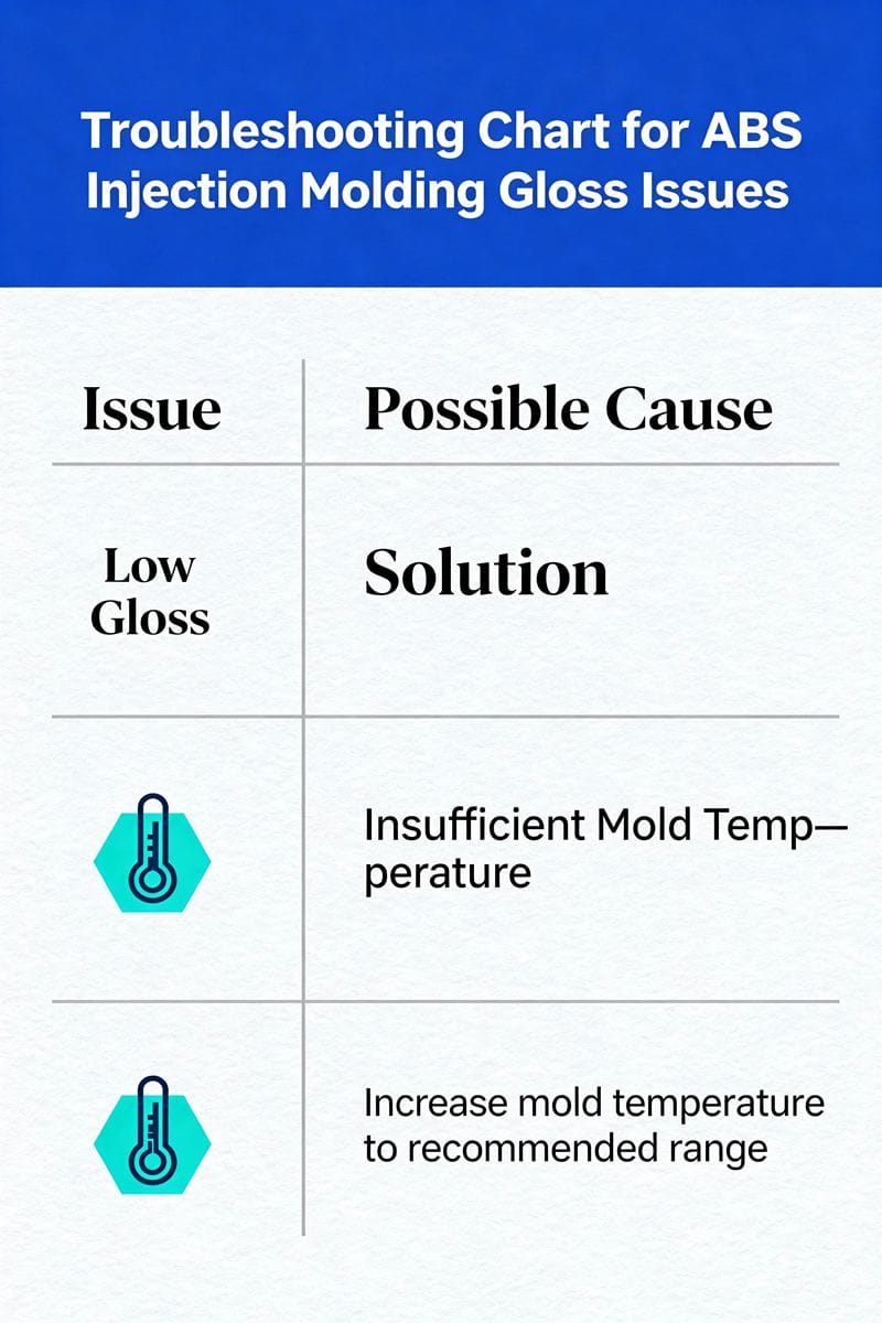 Troubleshooting chart for ABS injection molding gloss issues.